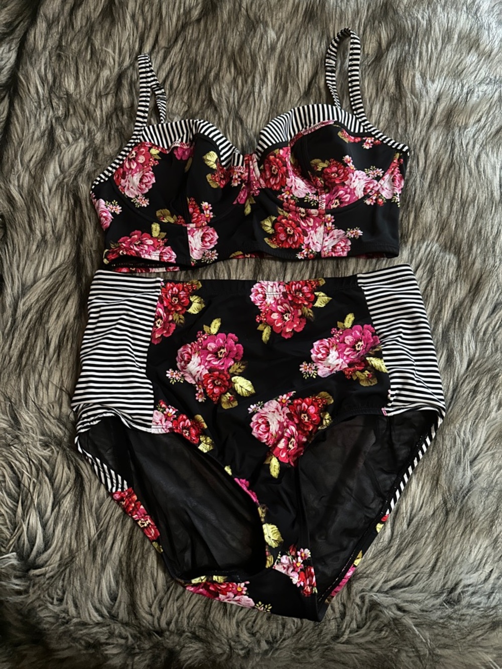 torrid Black and White Striped Floral High Waisted Two Piece Bathing Suit size 0